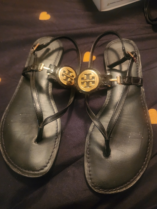 Tory Burch Shoes - Tory Burch Black Leather Logo Thong Sandals with Gold Emblem